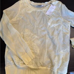 Sandro Yellow Sheer Lace-Trim Long Sleeve Sweater